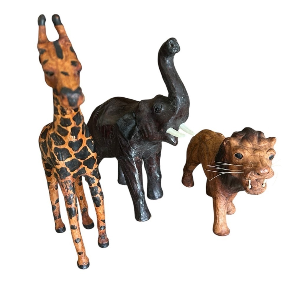 Vintage Leather Lion Elephant Giraffe Statues Figurines Lot Of 3